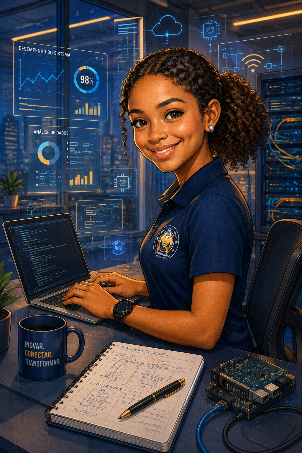 Ilustração de Stéphanie Barbosa trabalhando com desenvolvimento e análise de sistemas
