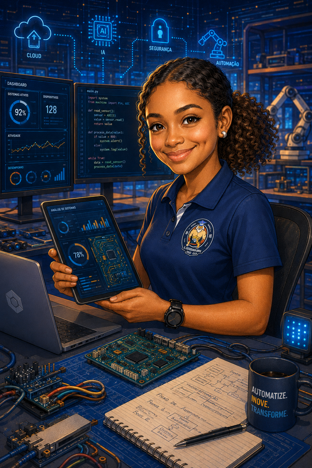 Ilustração de Stéphanie Barbosa em ambiente de tecnologia